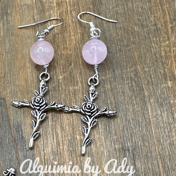 Pink Quartz silver cross statement dangle earrings/handmade bohemian - Picture 1 of 5